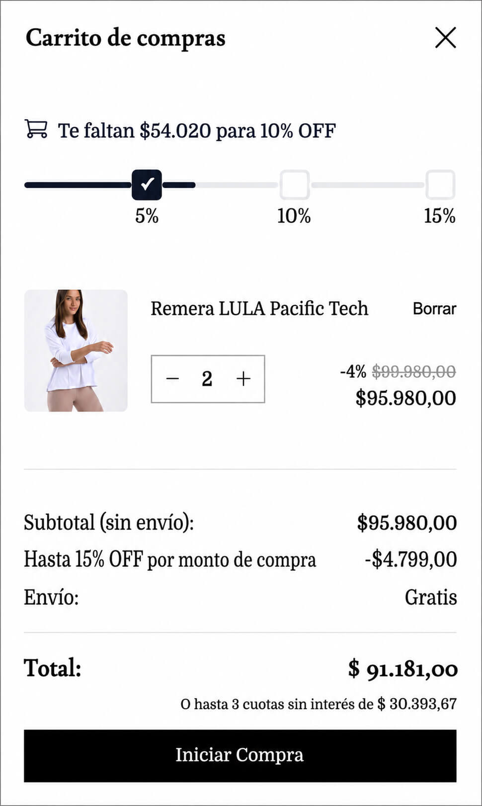 Carrito mostrando la barra de progreso hacia el descuento por monto de compra, con 5%/10%/15% de escalones