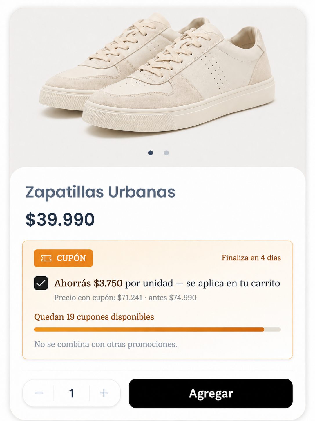 Ficha de producto mostrando el checkbox de cupón con el ahorro por unidad