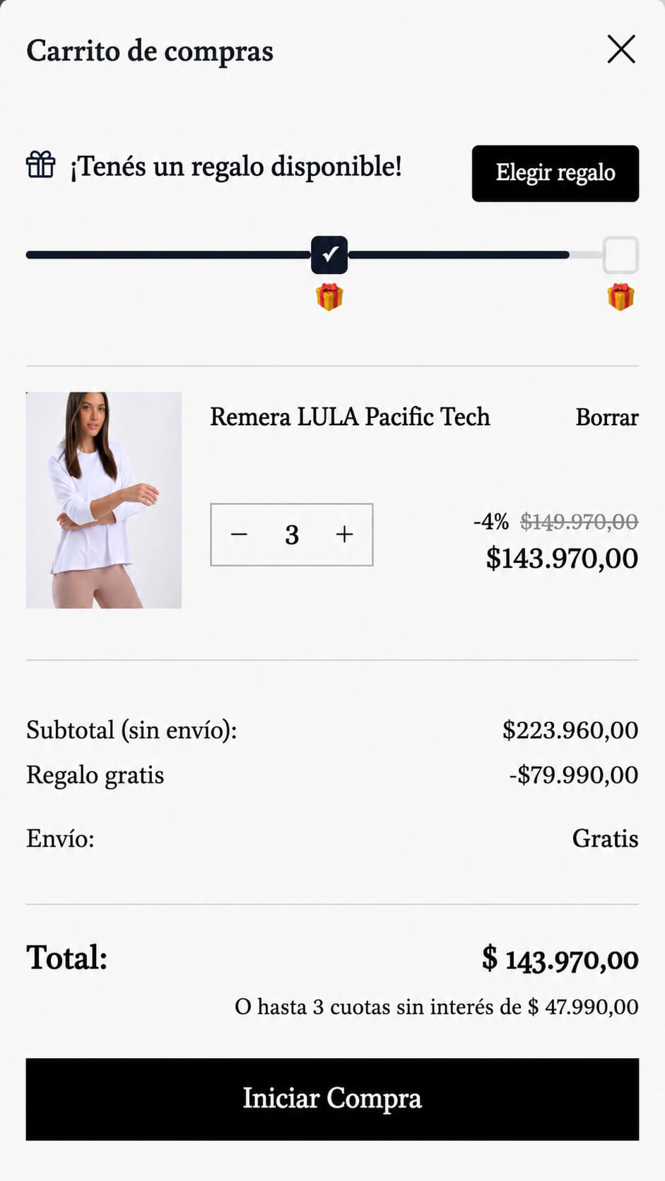 Carrito mostrando el aviso de regalo disponible, con barra de progreso y botón para elegir el regalo