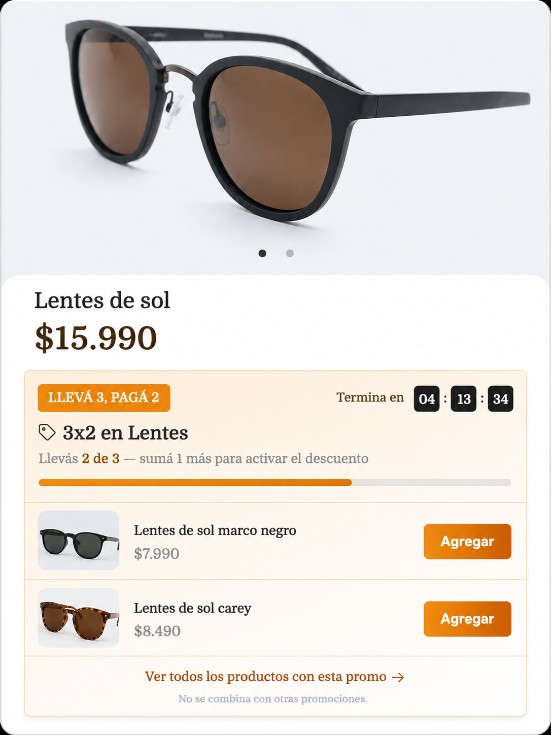Ficha de producto mostrando 3x2 en Lentes, con progreso 'Llevás 2 de 3' y productos sugeridos para completar la promo